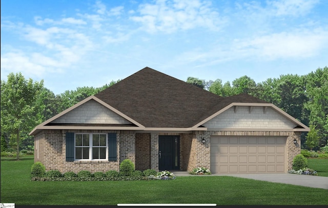 view of front facade featuring driveway, a shingled roof, a front yard, an attached garage, and brick siding