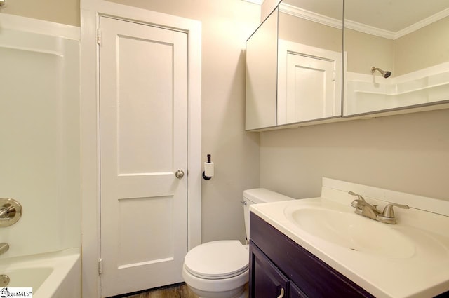 full bathroom with vanity, wood-type flooring, ornamental molding, toilet, and bathtub / shower combination