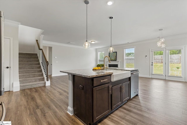 kitchen with pendant lighting, hardwood / wood-style flooring, stainless steel dishwasher, a kitchen island with sink, and sink