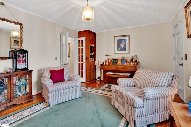 living area featuring crown molding and a textured ceiling