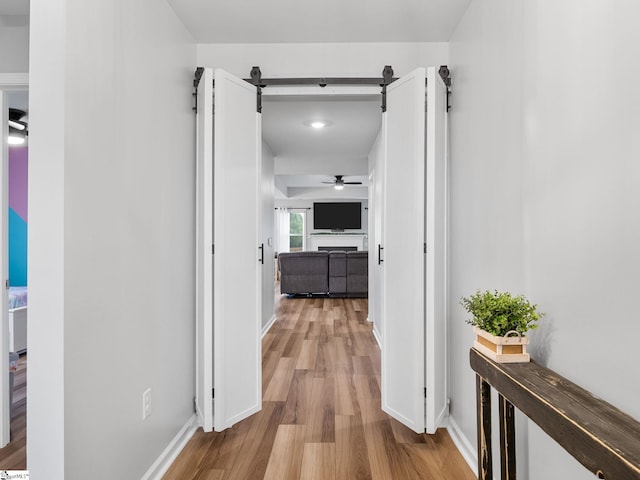 hallway featuring light hardwood / wood-style flooring and a barn door