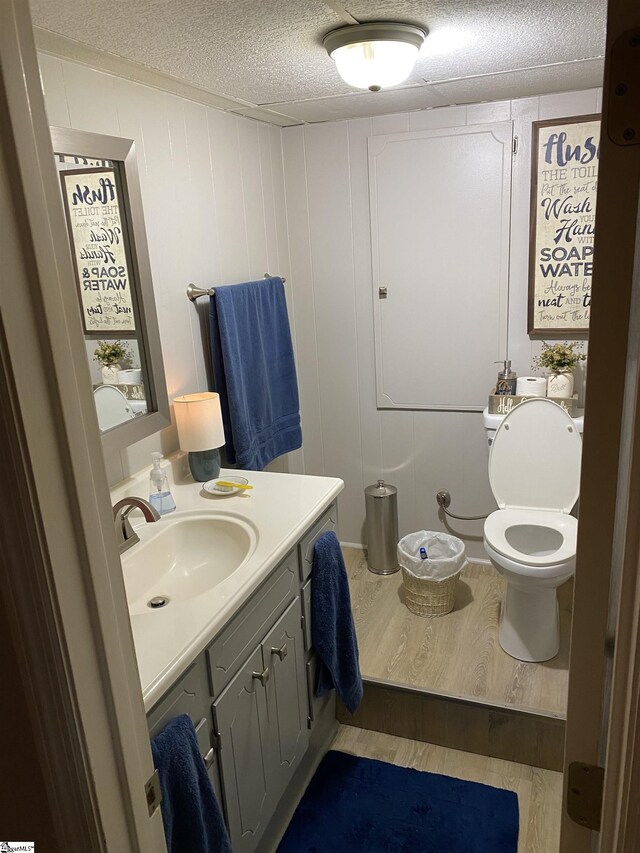 bathroom with wood-type flooring, vanity, toilet, and a textured ceiling