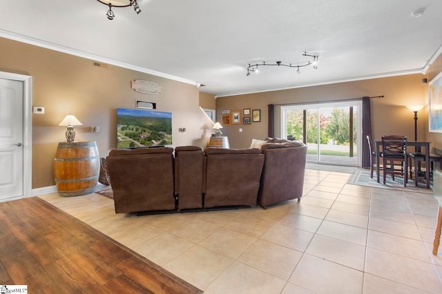 tiled living room with crown molding