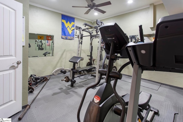 exercise area featuring ceiling fan and crown molding