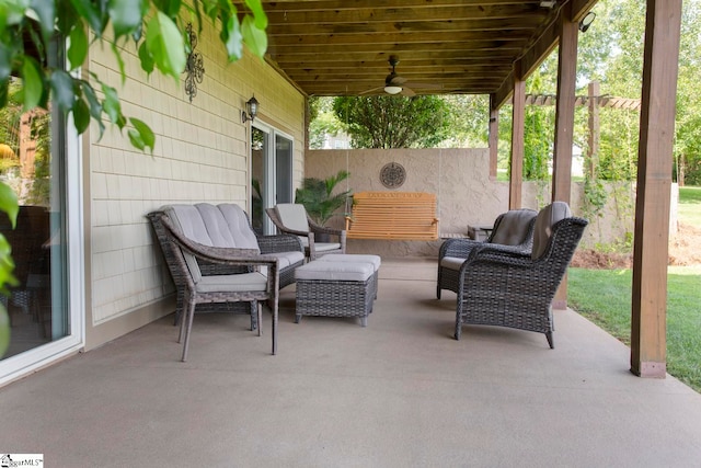 view of patio with an outdoor hangout area and ceiling fan