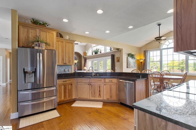 kitchen featuring appliances with stainless steel finishes, a healthy amount of sunlight, kitchen peninsula, and lofted ceiling