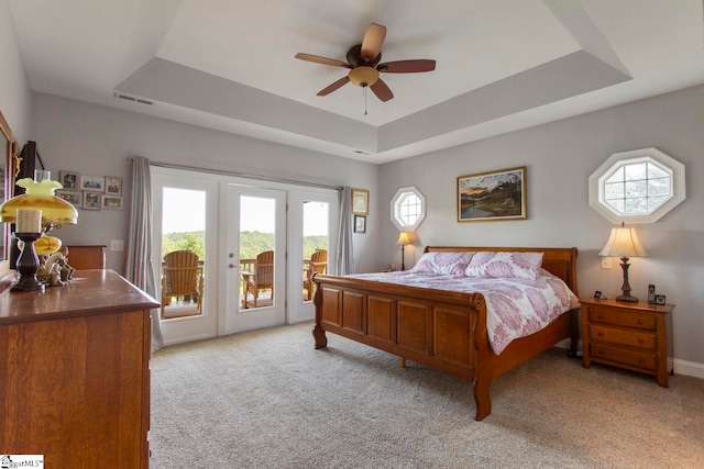 bedroom featuring multiple windows, a raised ceiling, and light carpet