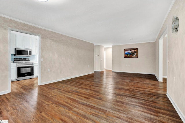 unfurnished living room featuring ornamental molding and dark wood-type flooring