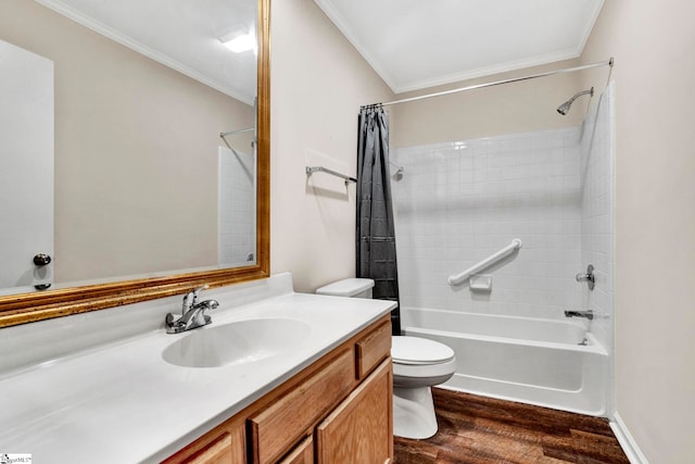 full bathroom featuring shower / bath combination with curtain, vanity, toilet, ornamental molding, and hardwood / wood-style floors