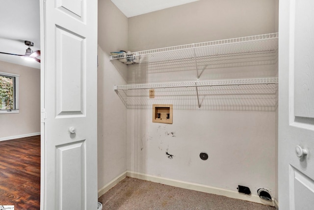 washroom featuring ceiling fan, hookup for an electric dryer, washer hookup, and hardwood / wood-style flooring