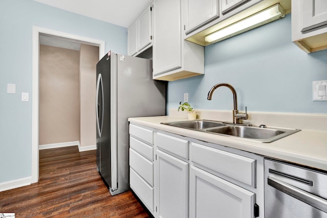 kitchen featuring white cabinetry, dark hardwood / wood-style flooring, stainless steel appliances, and sink