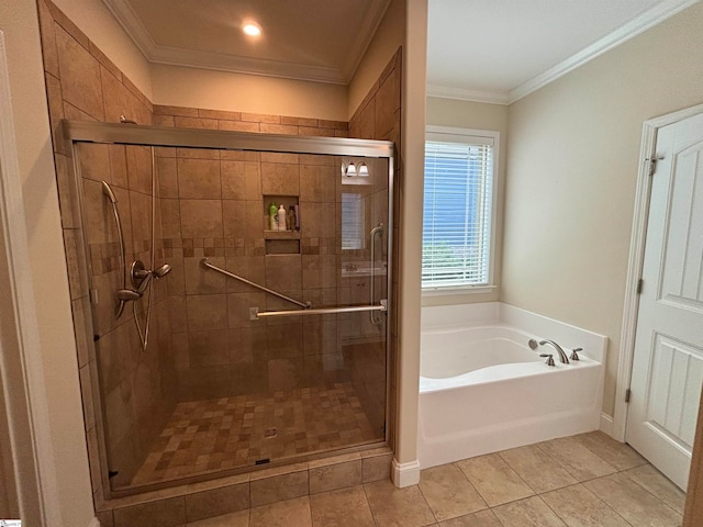 bathroom featuring plus walk in shower, tile patterned flooring, and ornamental molding