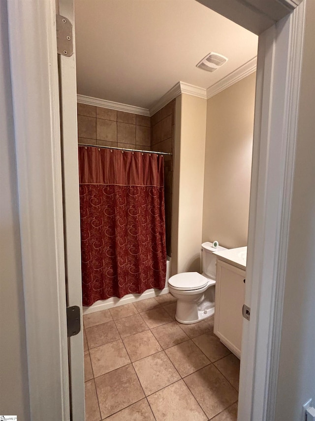 full bathroom with shower / tub combo, vanity, crown molding, tile patterned flooring, and toilet