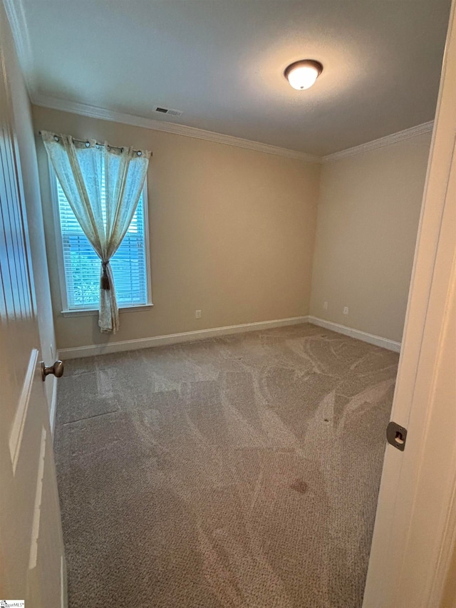 carpeted spare room featuring crown molding