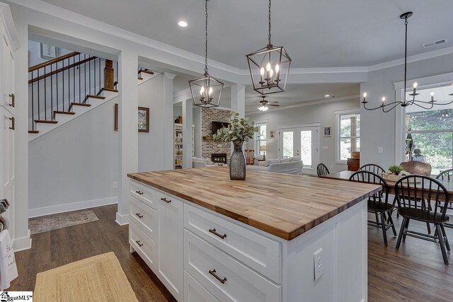 kitchen featuring butcher block countertops, dark wood-style flooring, crown molding, and visible vents