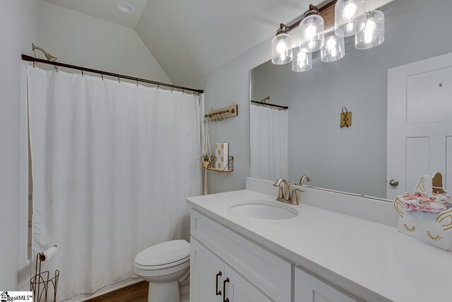 full bathroom with toilet, wood finished floors, vanity, lofted ceiling, and a notable chandelier