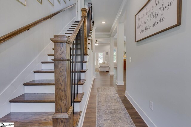 entryway with baseboards, stairs, wood finished floors, recessed lighting, and a ceiling fan