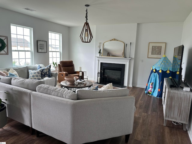 living room with dark hardwood / wood-style floors