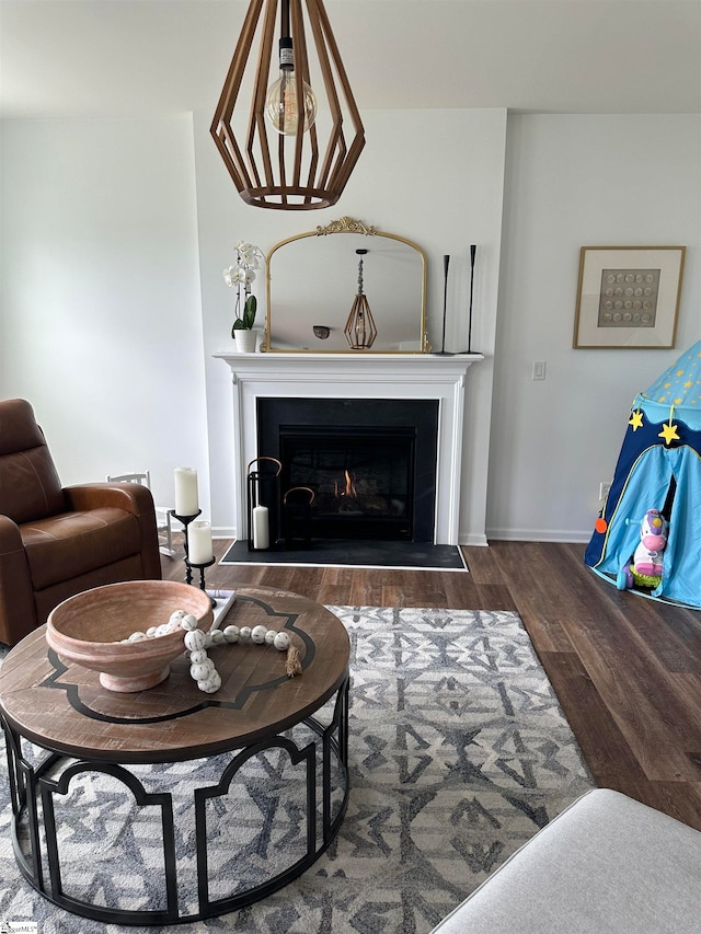 living room with dark hardwood / wood-style floors