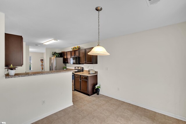 kitchen featuring dark brown cabinets, kitchen peninsula, appliances with stainless steel finishes, and hanging light fixtures