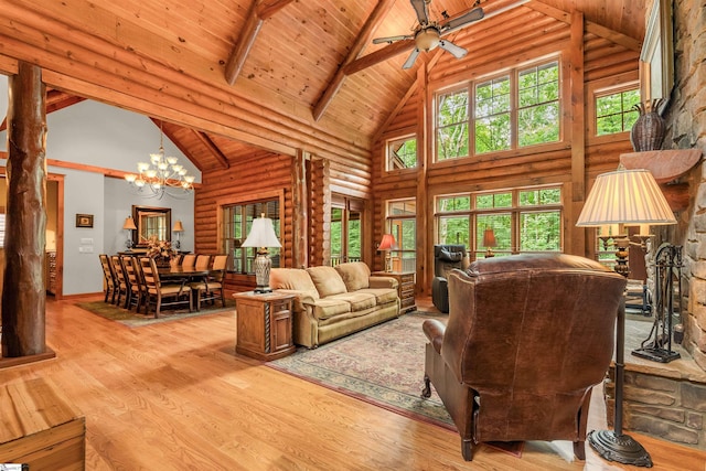 living room featuring wood ceiling, high vaulted ceiling, ceiling fan with notable chandelier, light wood-type flooring, and beam ceiling