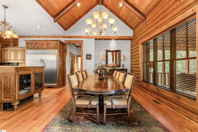 dining area with wooden ceiling, high vaulted ceiling, light hardwood / wood-style flooring, and a notable chandelier