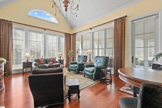 living room featuring an inviting chandelier, wood ceiling, high vaulted ceiling, and dark wood-type flooring