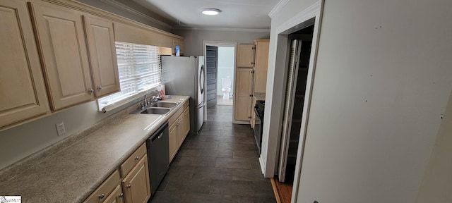 kitchen featuring sink, dishwasher, crown molding, stainless steel refrigerator, and light brown cabinets