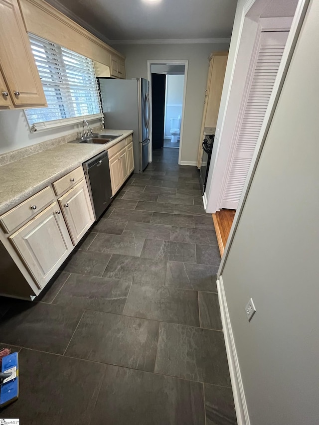 kitchen featuring light brown cabinets, black dishwasher, stainless steel refrigerator, crown molding, and sink