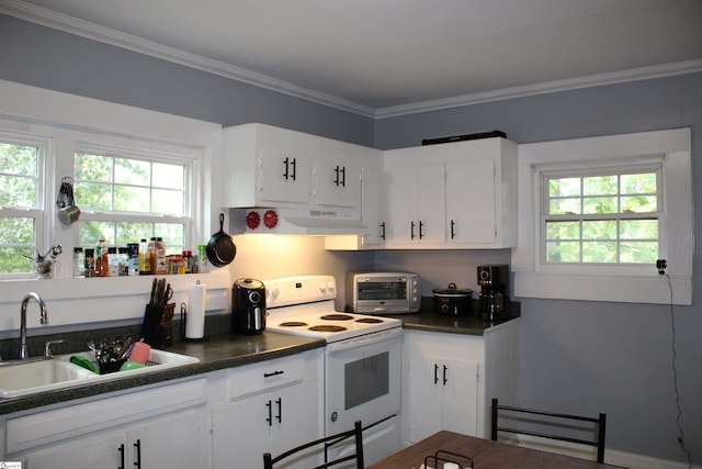 kitchen with a healthy amount of sunlight, ornamental molding, white range with electric stovetop, and white cabinets