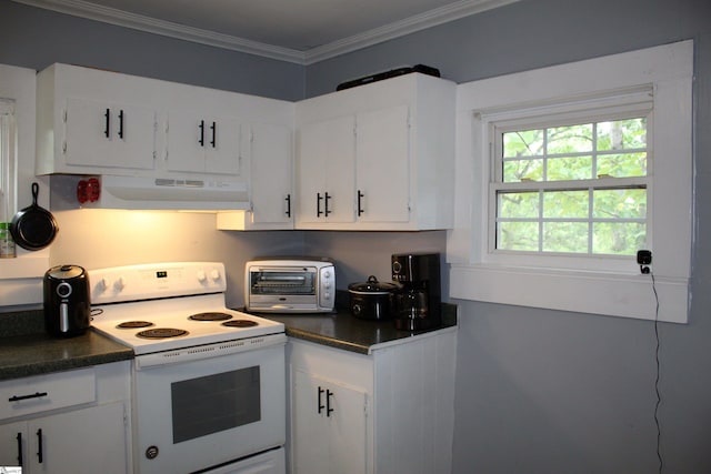 kitchen with ornamental molding, white cabinetry, and electric stove