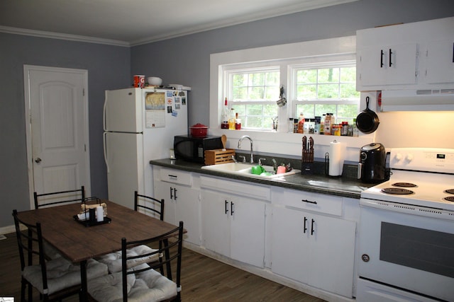 kitchen with white cabinetry, white appliances, dark hardwood / wood-style flooring, crown molding, and sink