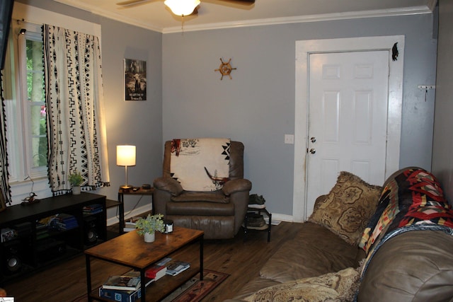 living room featuring crown molding, dark wood-type flooring, and ceiling fan