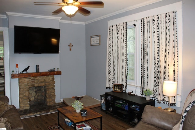 living room with a healthy amount of sunlight, a fireplace, ornamental molding, and wood-type flooring