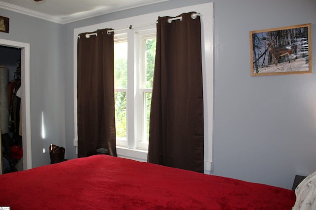 bedroom featuring ornamental molding and a closet