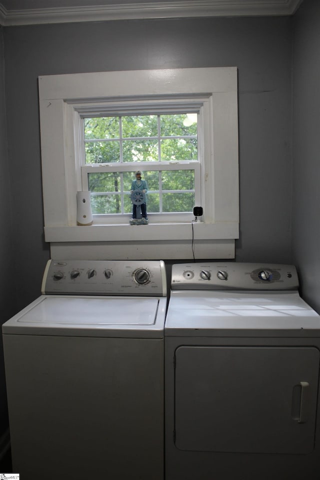 clothes washing area featuring ornamental molding, a wealth of natural light, and washer and dryer