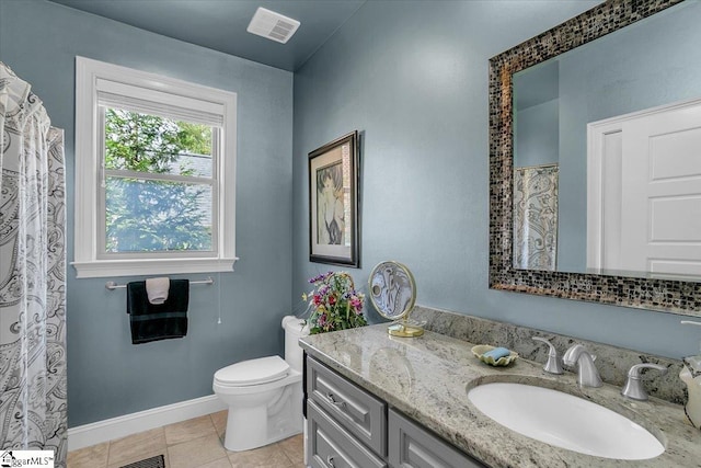 bathroom with vanity, toilet, and tile patterned floors