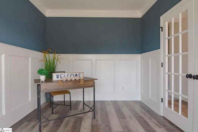 office space featuring crown molding and hardwood / wood-style flooring