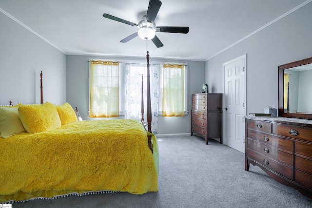 bedroom featuring light carpet, ceiling fan, and crown molding