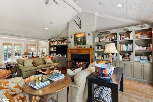 living room featuring ceiling fan, wood ceiling, ornamental molding, lofted ceiling with beams, and light wood-type flooring