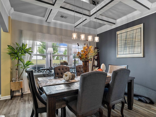 dining area with wood-type flooring, beam ceiling, coffered ceiling, and crown molding