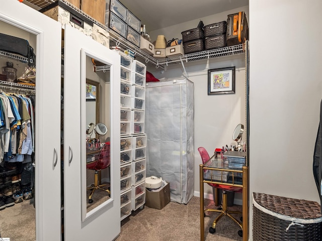 walk in closet featuring carpet flooring