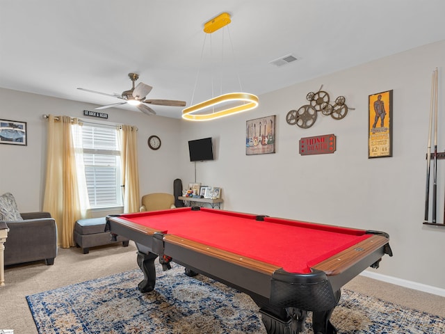 rec room featuring carpet, ceiling fan, and billiards