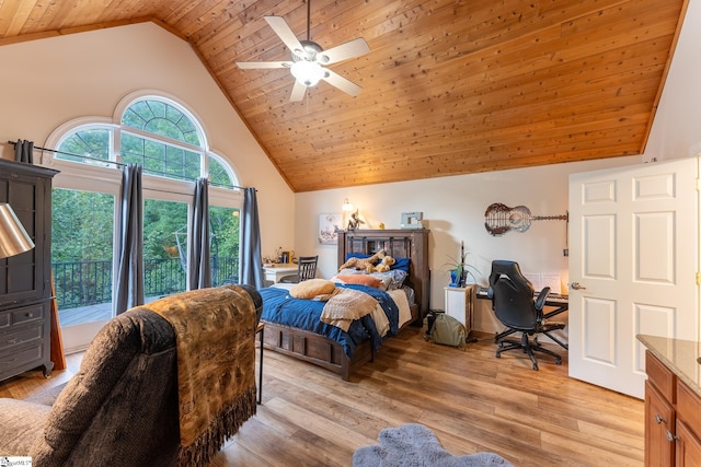 bedroom with wood ceiling, light wood-type flooring, ceiling fan, and high vaulted ceiling