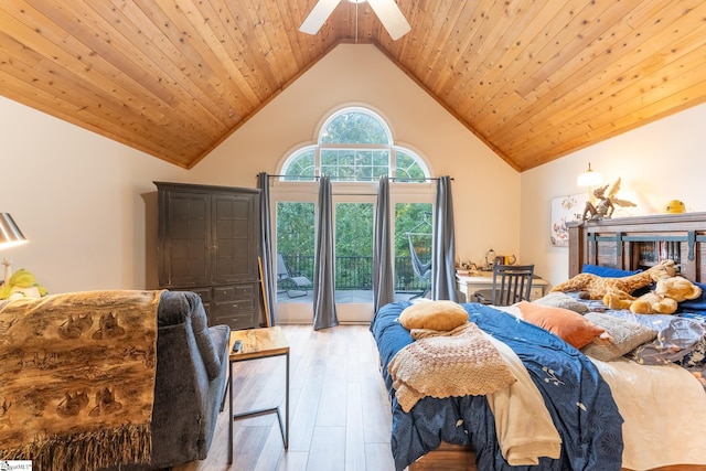 bedroom with ceiling fan, light hardwood / wood-style flooring, access to exterior, and wooden ceiling