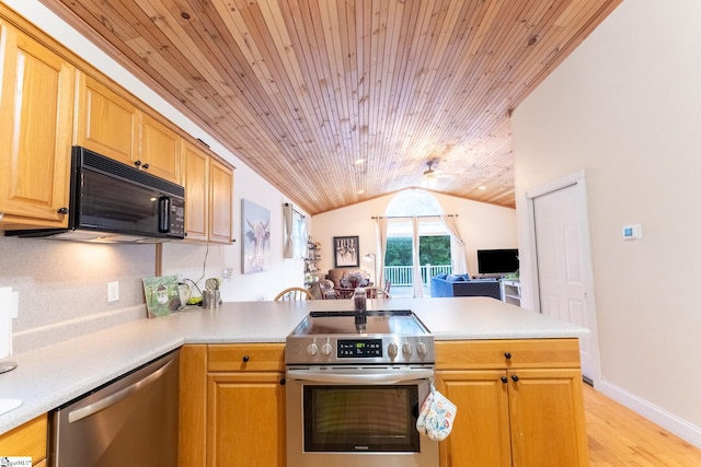 kitchen with appliances with stainless steel finishes, light hardwood / wood-style floors, vaulted ceiling, kitchen peninsula, and wooden ceiling