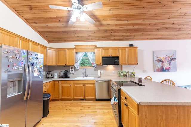 kitchen with light hardwood / wood-style floors, sink, lofted ceiling, appliances with stainless steel finishes, and ceiling fan