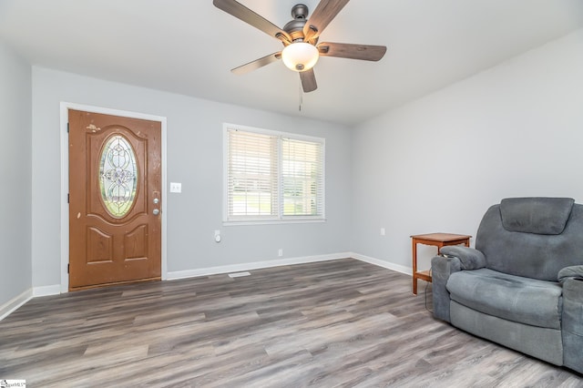 foyer with wood-type flooring and ceiling fan