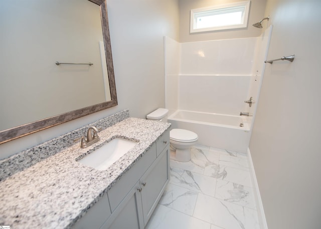 bathroom with marble look tile flooring, toilet, vanity, and bathing tub / shower combination