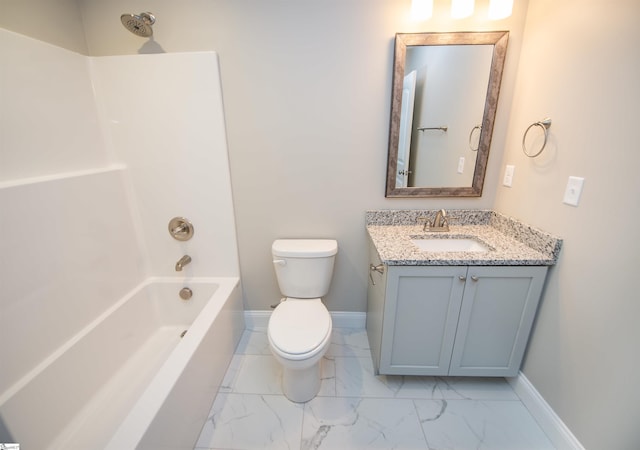 bathroom featuring marble look tiles, baseboards, toilet, and vanity